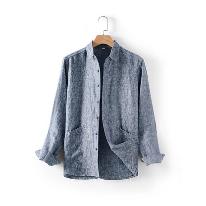 Linen Button-Up Shirt for Men - Blue Gray Long Sleeve Casual Wear