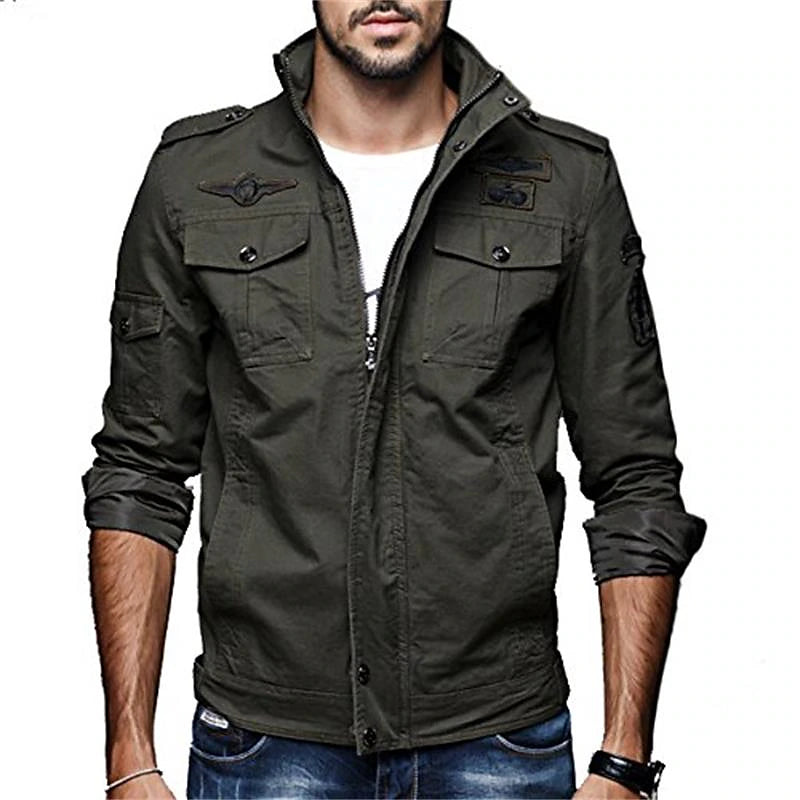 Men's Bomber Jacket Tactical Jacket Daily Weekend Winter Solid Colored Military Tactical Stand Collar Regular Cotton Black Army Green Khaki Jacket