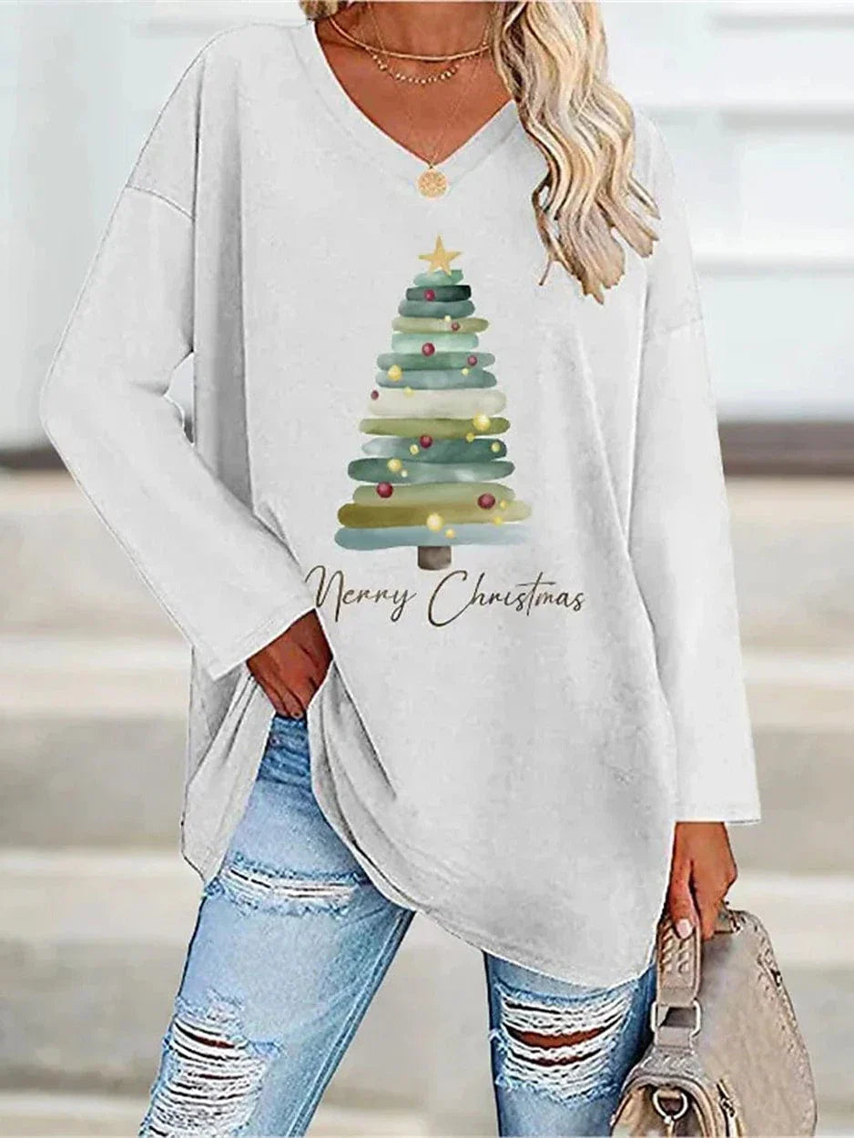 Leopard Snowman Print Women's Christmas T-shirt with Long Sleeves