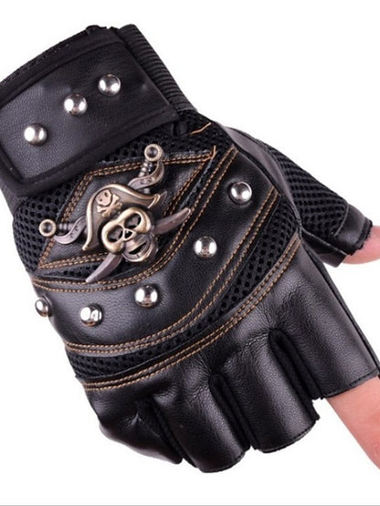 Eco-Chic Men's Faux Leather Half Finger Streetwear Outdoor Gloves in Color Block Black Blue Red