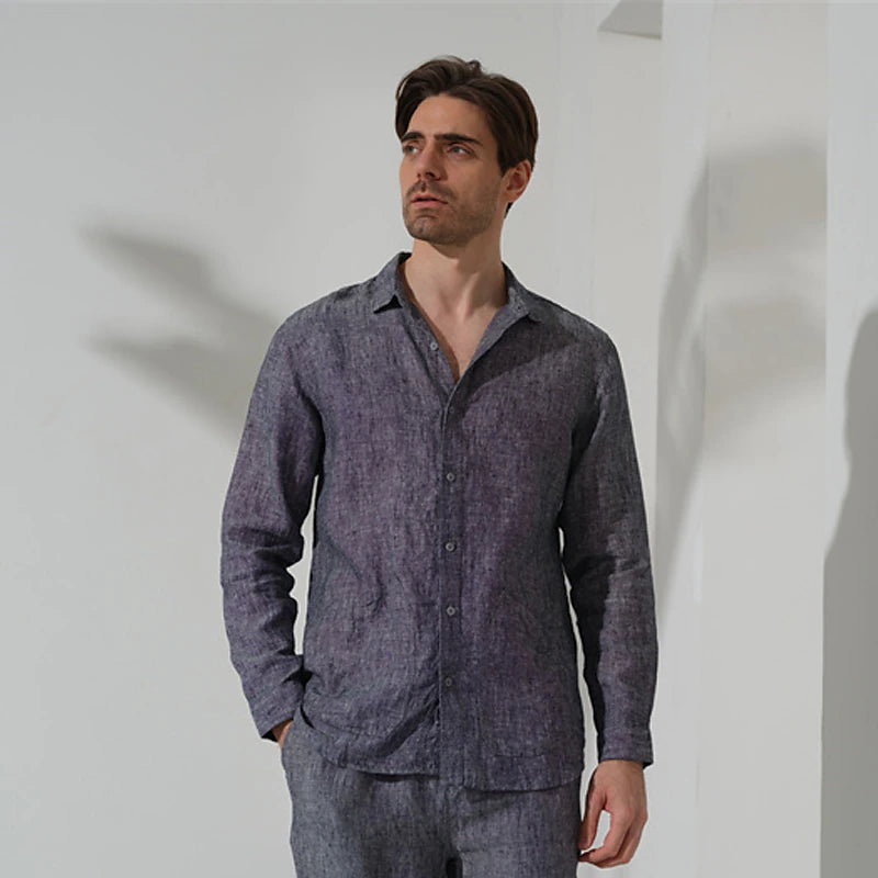 Linen Button-Up Shirt for Men - Blue Gray Long Sleeve Casual Wear