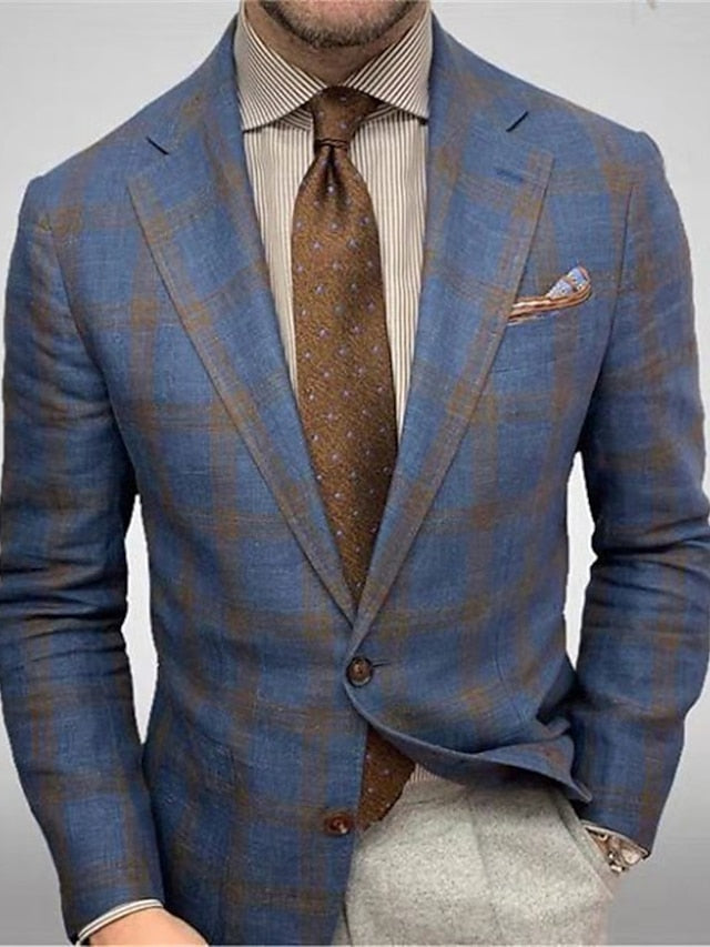 Stylish Men's Tweed Plaid Evening Blazer with Long Sleeves