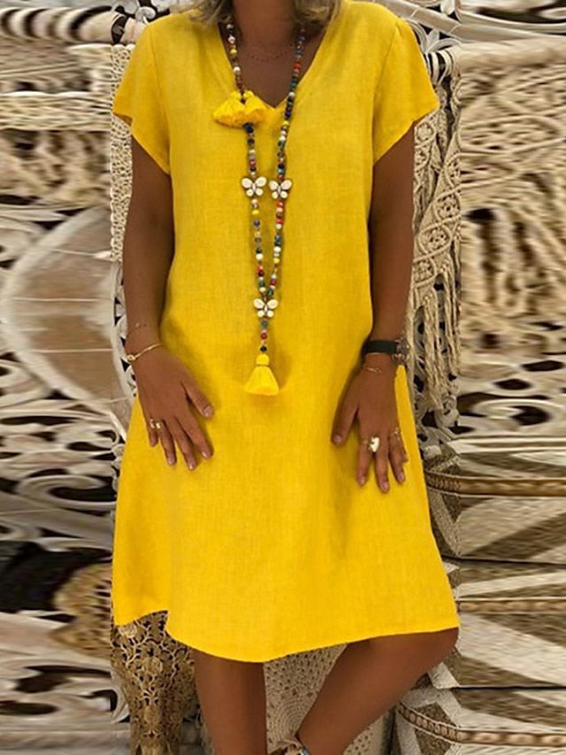 Yellow and Green V-Neck Midi Dress for Women - Casual and Comfortable Summer Fashion