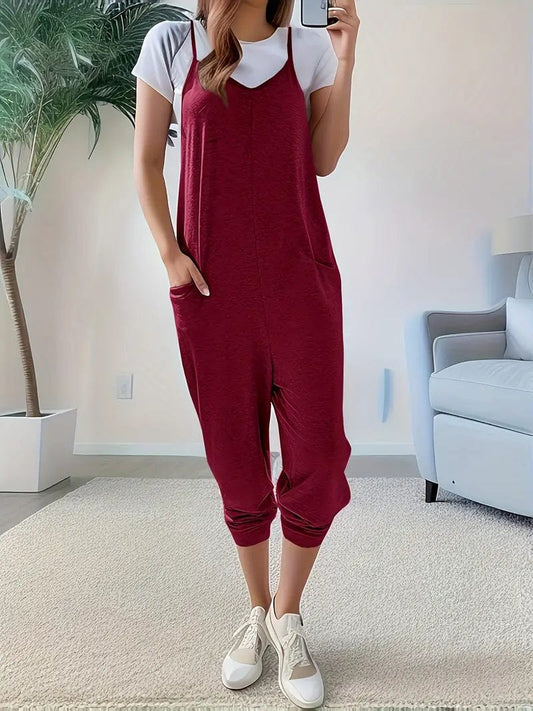 Patched Pocket V-Neck Jumpsuit for Women, Stylish Spring and Summer Overall