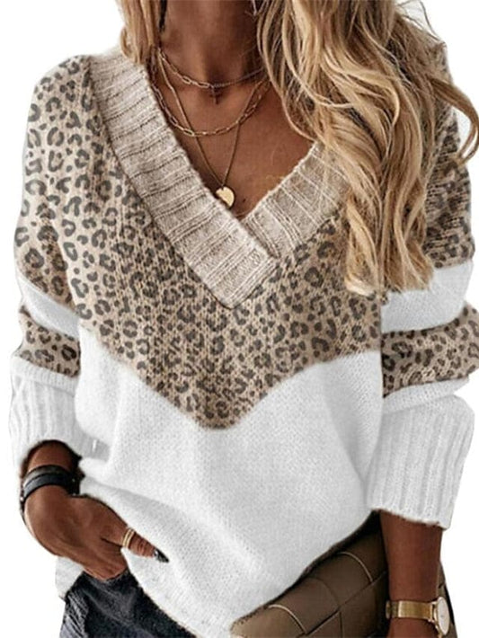 Patchwork Print V-Neck Pullover Sweater with Leopard Print