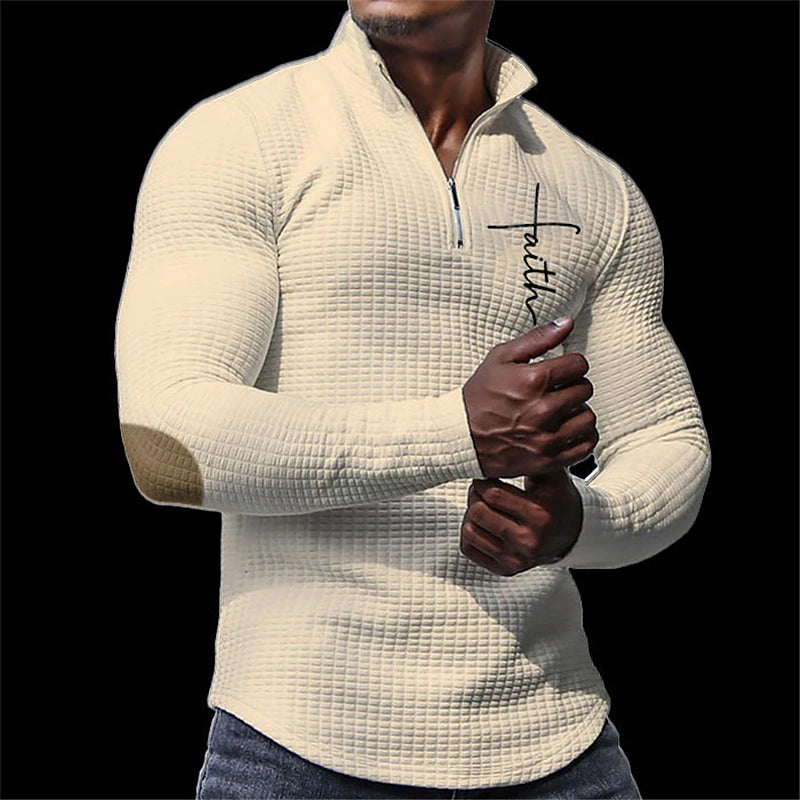 3D Waffle Men's Polo Shirt with Zip Detail - Black & White Streetwear Polo for Fall & Winter