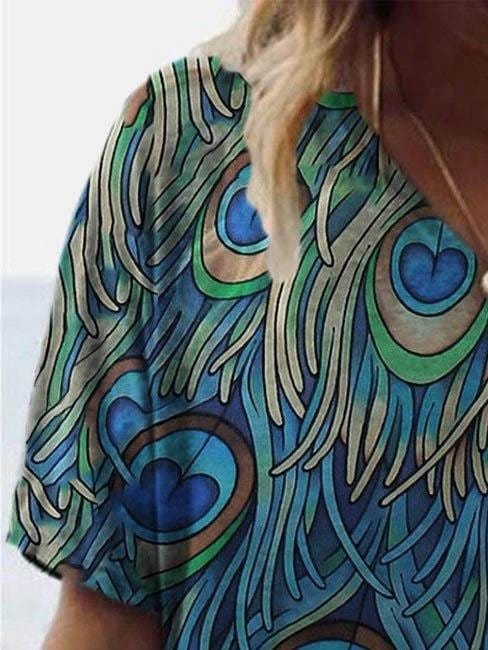 Peacock Feather Print Short-sleeved T-shirt