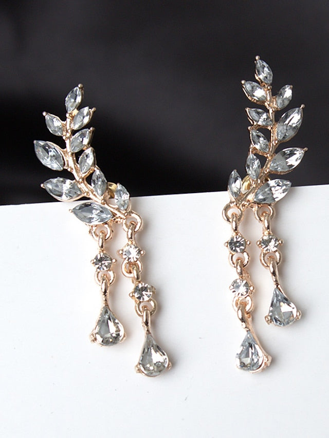 Elegant Leaf Design Cubic Zirconia Earrings with Tassel Pendant