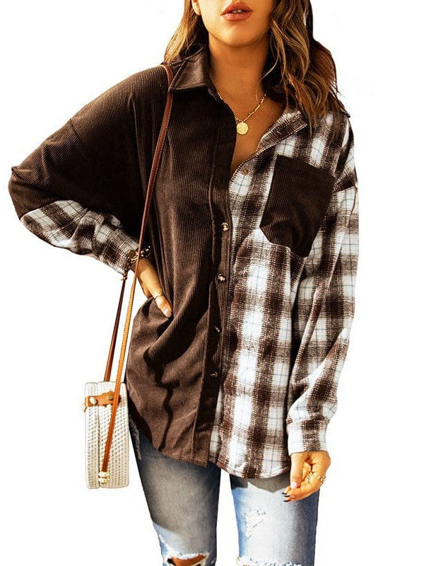 Plaid Corduroy Cardigan Tops for Women with Long Sleeves