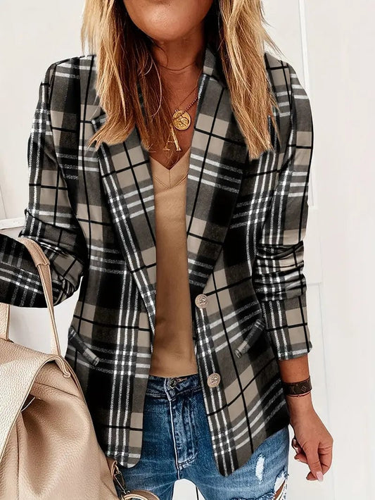 Plaid Lapel Blazer with Single Breasted Long Sleeve - Women's Outerwear