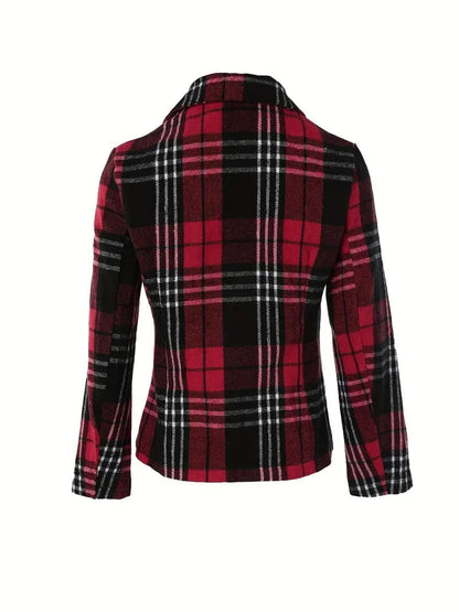 Plaid Lapel Blazer with Single Breasted Long Sleeve - Women's Outerwear