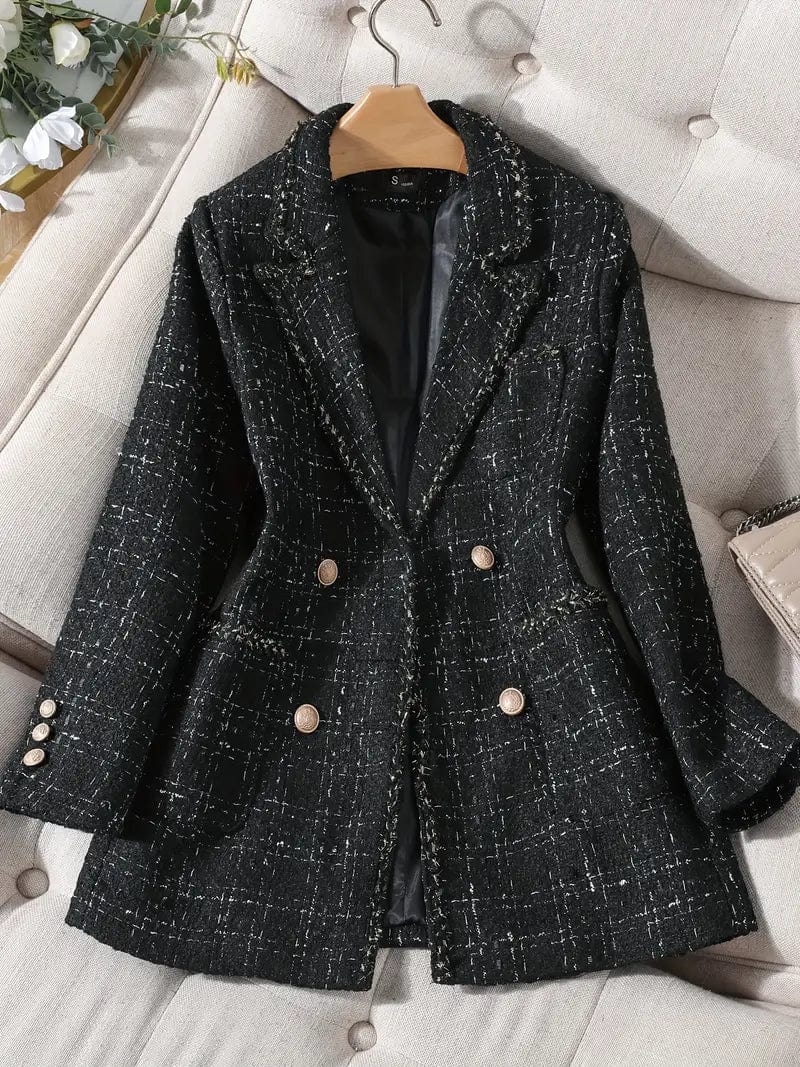 Plaid Print Double Breasted Blazer with Stylish Lapel and Long Sleeves for Women's Work Office Attire