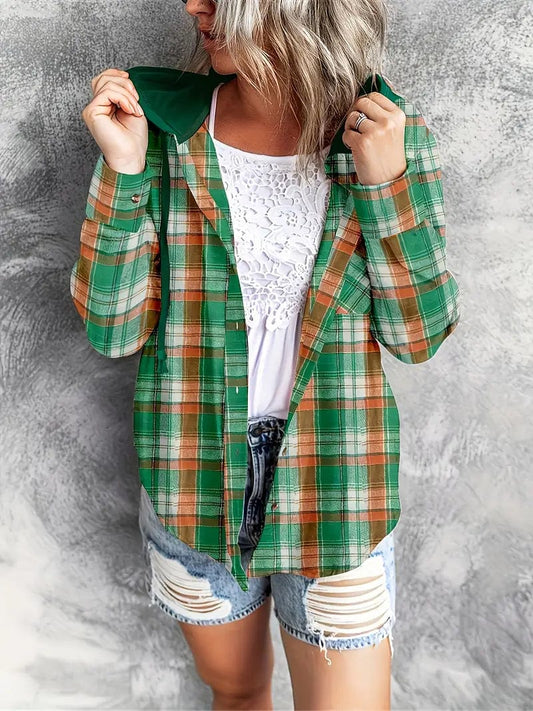 Plaid Print Hooded Shirt with Drawstring Detail - Stylish Women's Casual Top