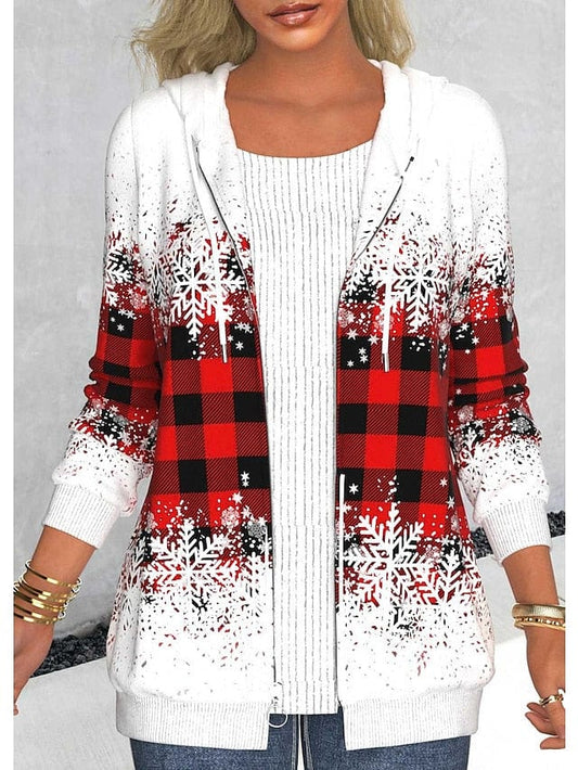 Plaid Snowflake Zip Up Sweatshirt with Drawstring Hoodie for Women