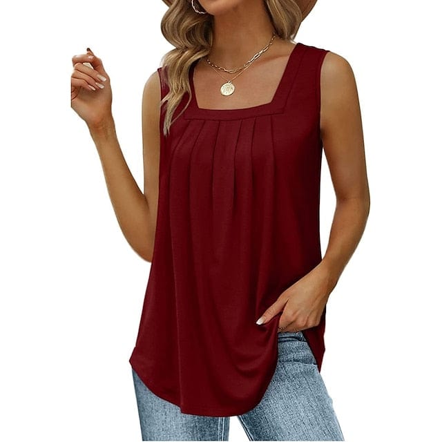 Pleated Square Neck Tank Top in Wine Red