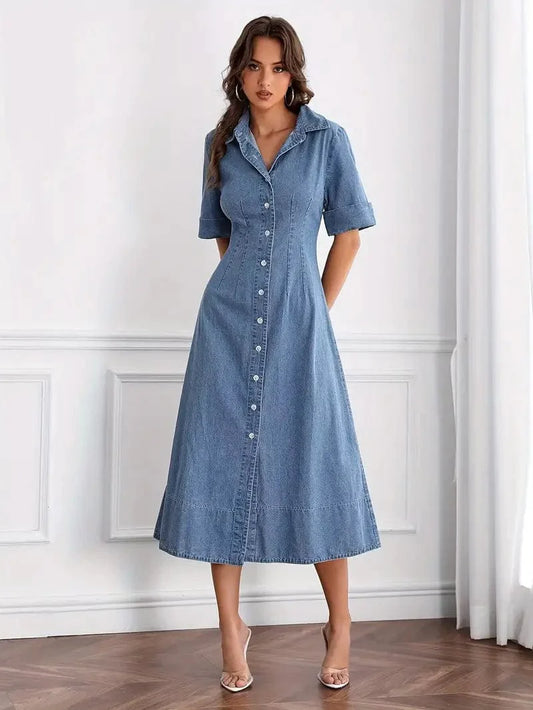 Pleated Waist Denim Dress with Lapel Neck and Button-Up Front, Short Sleeve Loose Casual Denim Dress for Women