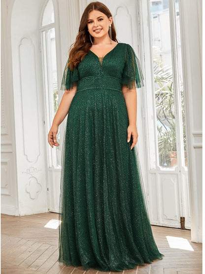 Plus Size V Neck Tulle Formal Evening Dress with Ruffle Sleeves DRE230972207DGV16 DarkGreen / 16