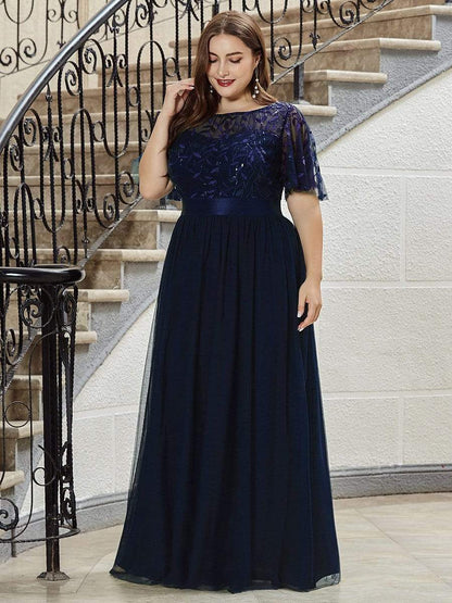 Plus Size Sequin Bodice Long Formal Evening Dresses