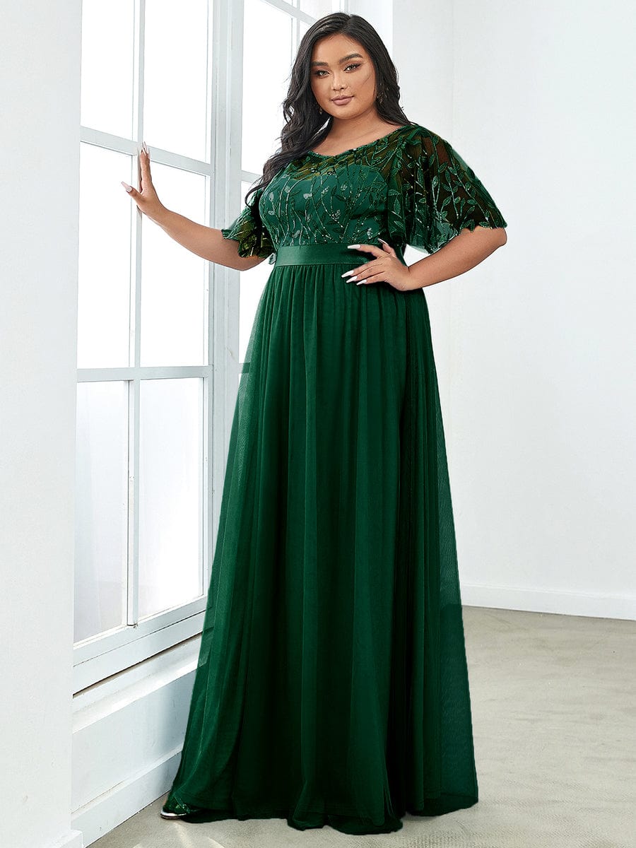 Plus Size Sequin Bodice Long Formal Evening Dresses