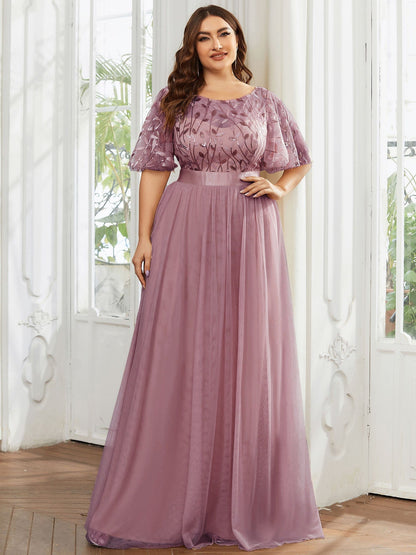 Plus Size Women's Embroidery Evening Dresses with Short Sleeve