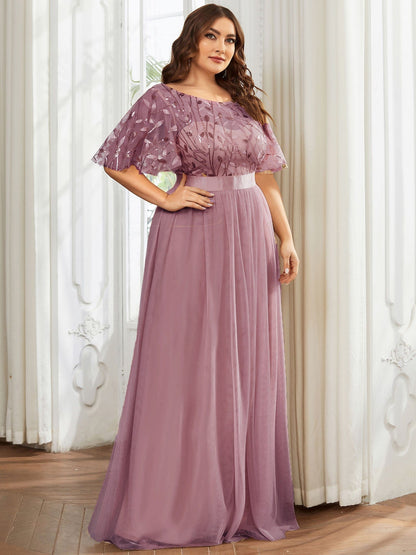 Plus Size Women's Embroidery Evening Dresses with Short Sleeve