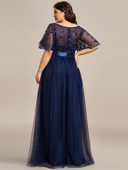 Plus Size Women's Embroidery Evening Dresses with Short Sleeve