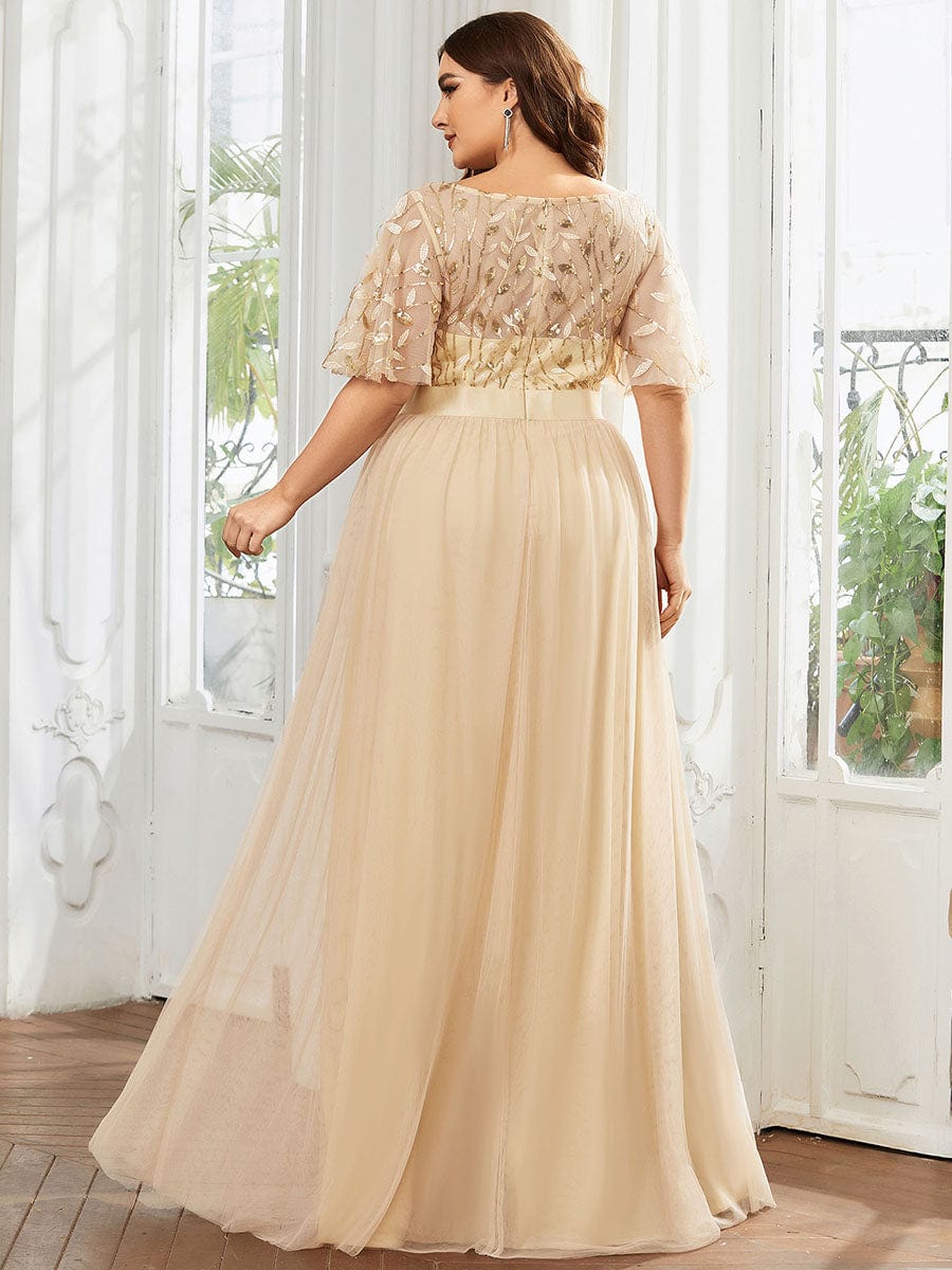 Plus Size Women's Embroidery Evening Dresses with Short Sleeve