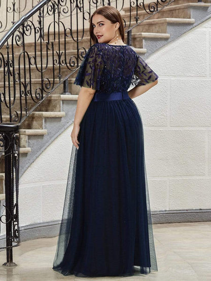 Plus Size Women's Embroidery Evening Dresses with Short Sleeve