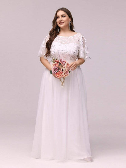 Plus Size Women's Embroidery Evening Dresses with Short Sleeve