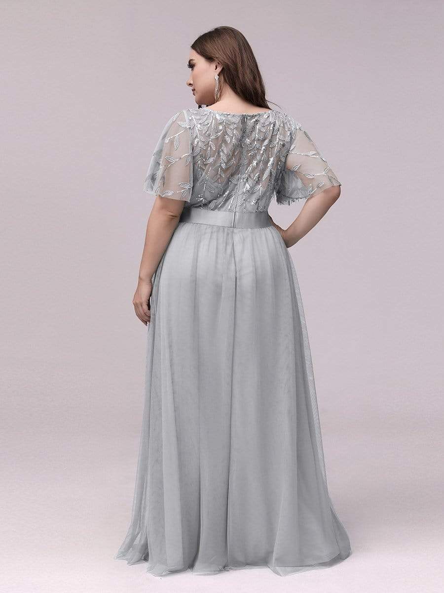 Plus Size Women's Embroidery Evening Dresses with Short Sleeve