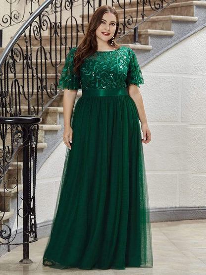 Plus Size Women's Embroidery Evening Dresses with Short Sleeve