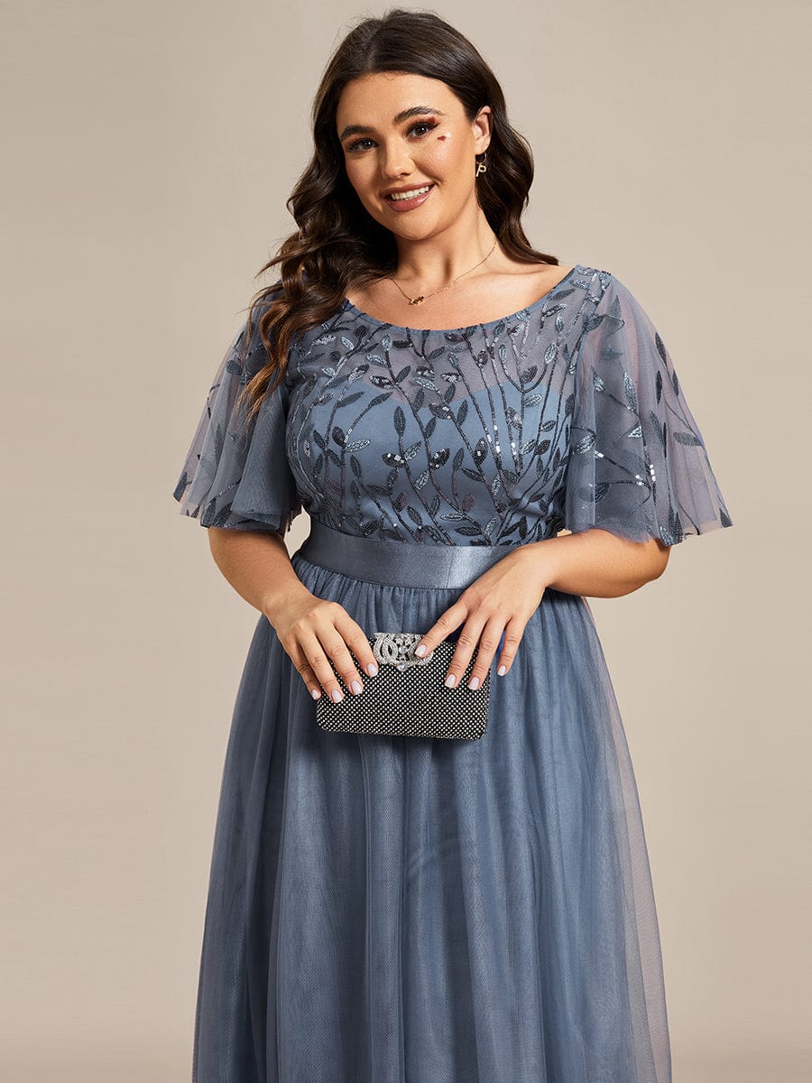 Plus Size Women's Embroidery Evening Dresses with Short Sleeve