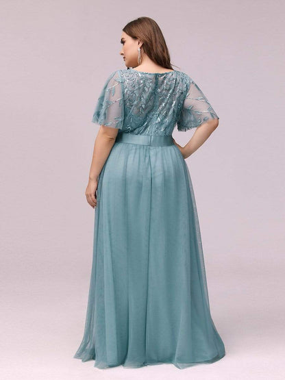 Plus Size Women's Embroidery Evening Dresses with Short Sleeve