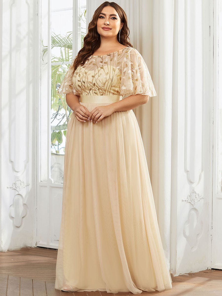 Plus Size Women's Embroidery Evening Dresses with Short Sleeve