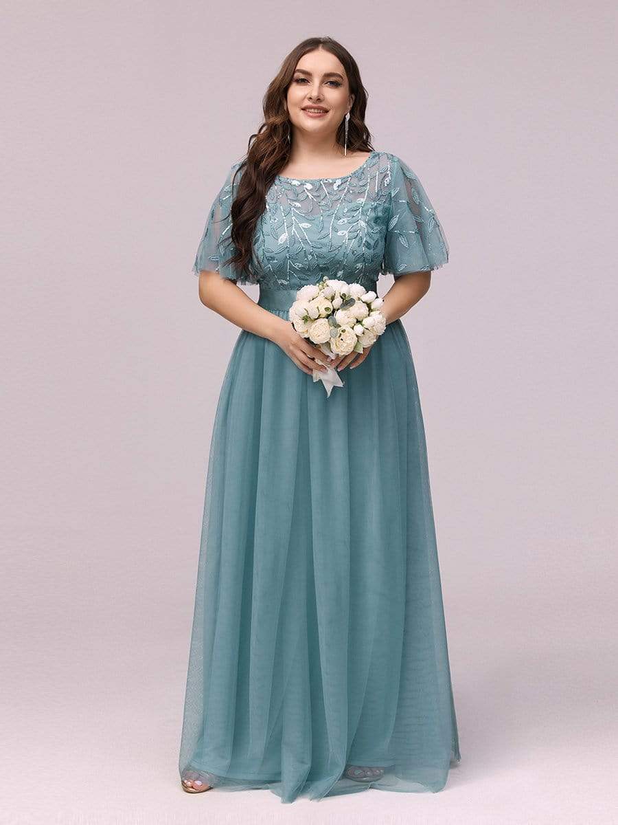 Plus Size Women's Embroidery Evening Dresses with Short Sleeve