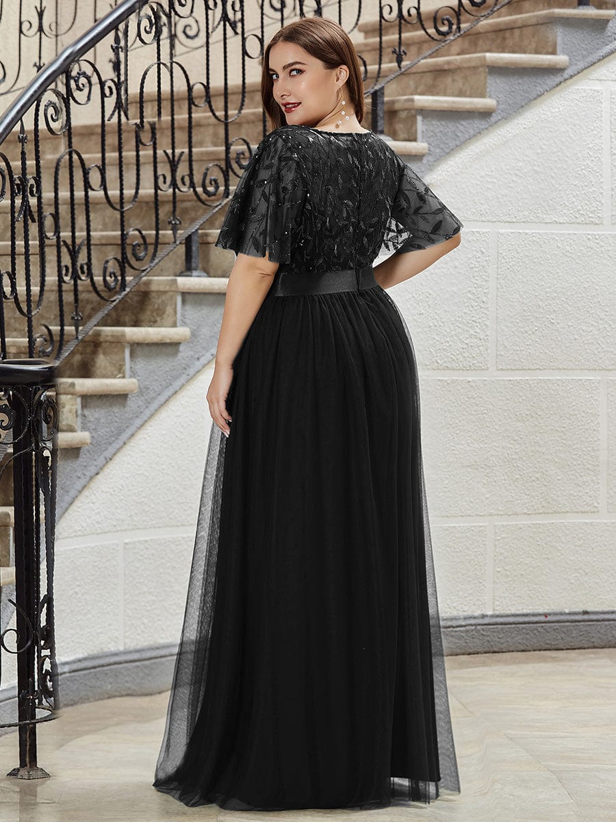 Plus Size Women's Embroidery Evening Dresses with Short Sleeve