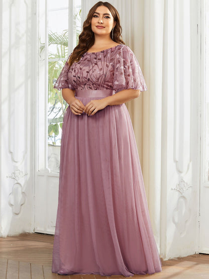 Plus Size Women's Embroidery Evening Dresses with Short Sleeve