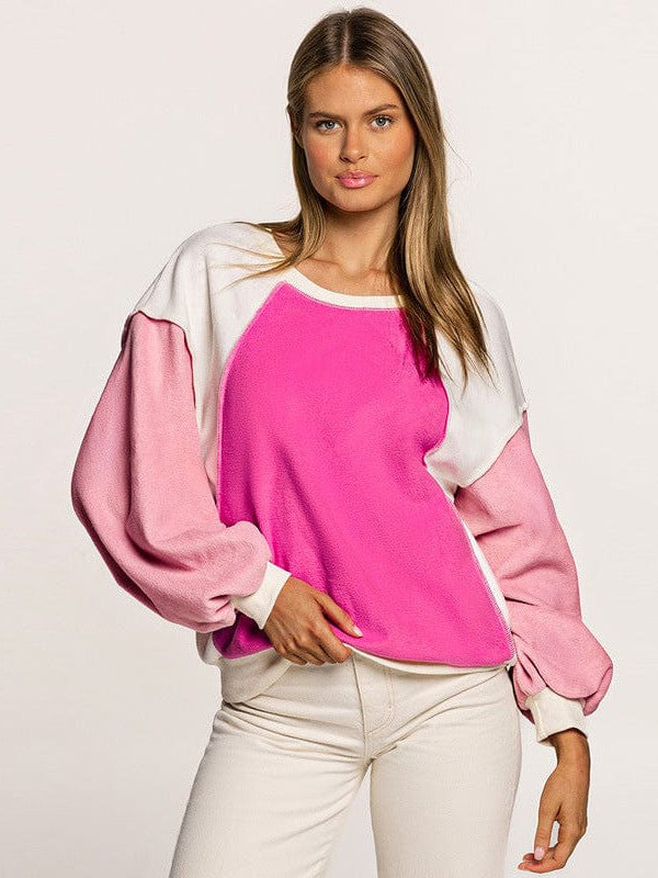 Plush Fleece Contrast Color Lantern Sleeve Sweatshirt