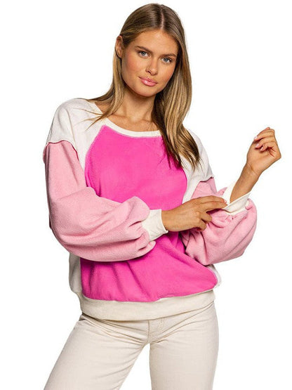 Plush Fleece Contrast Color Lantern Sleeve Sweatshirt