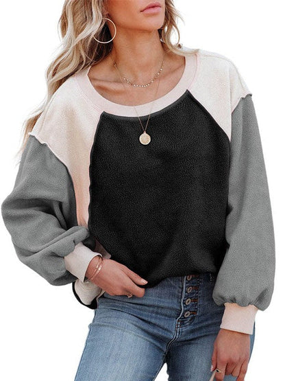 Plush Fleece Contrast Color Lantern Sleeve Sweatshirt