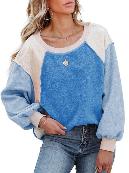 Plush Fleece Contrast Color Lantern Sleeve Sweatshirt