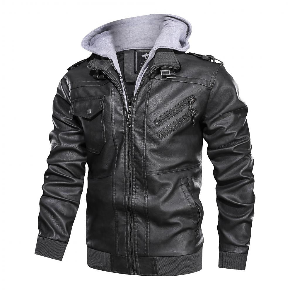 Men's Faux Leather Jacket Biker Jacket Motorcycle Jacket Outdoor Daily Wear Waterproof Windproof Full Zip Modern Style Fall Winter Solid Color Casual Collarless Regular Standard Fit Regular Fit Black