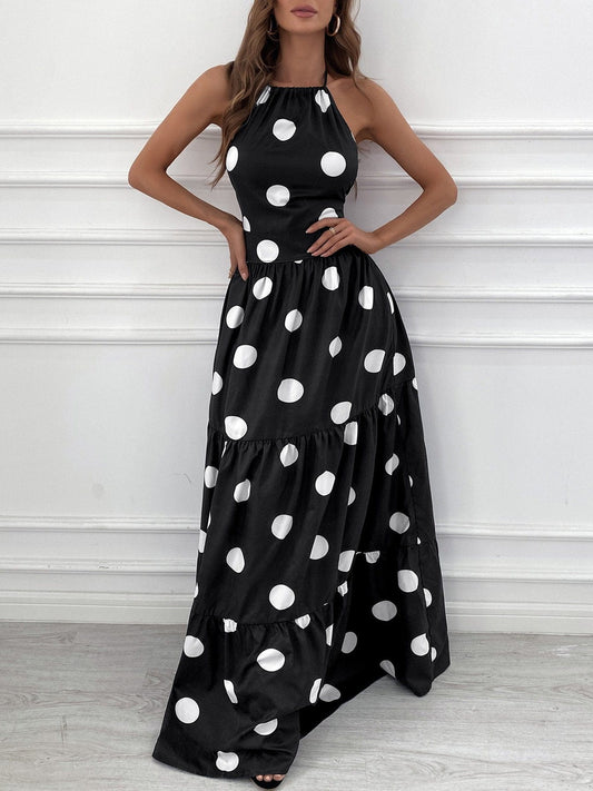 Polka Dot Print Halter Backless Ruched Maxi Dress