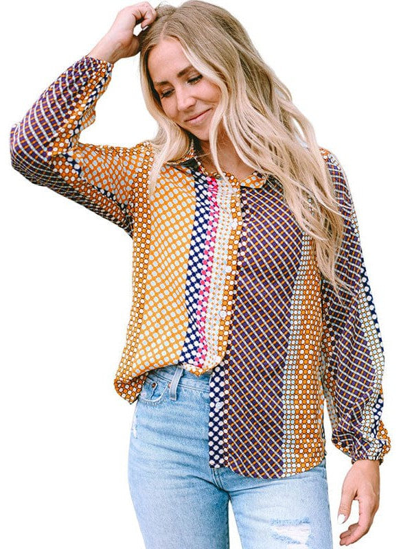 Polka Dot Print Polyester Button Down Shirt with Long Sleeves for Women