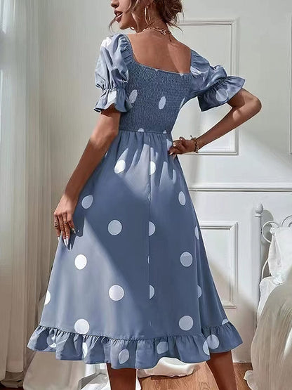 Polka Dot Print Puff Sleeve Frill Midi Dress