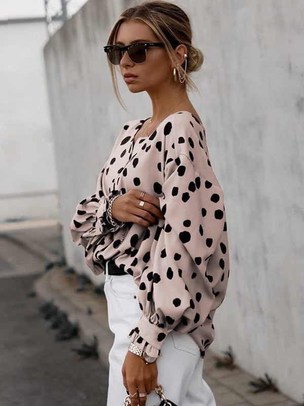 Polka Dot Print Round Neck Lantern Sleeve Pullover Top with Loose Fit for Women