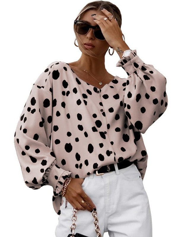 Polka Dot Print Round Neck Lantern Sleeve Pullover Top with Loose Fit for Women
