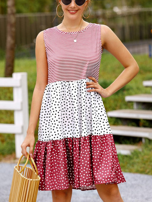 Polka Dot Stitching Big Swing Sleeveless Mini Dress