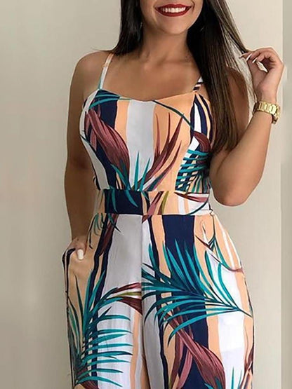 Print High-waisted Square Neck Sling Jumpsuit