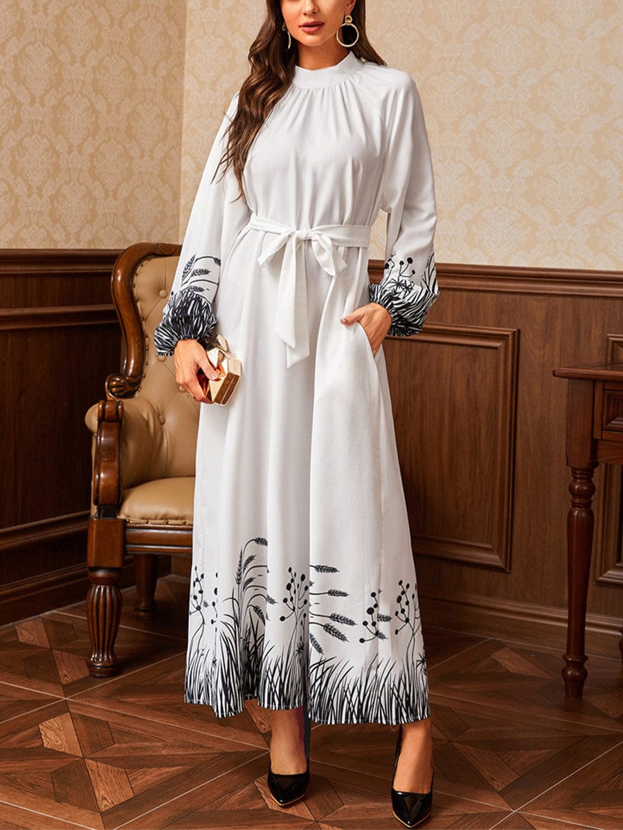 Printed Belt Round Neck Long Sleeve Maxi Dress